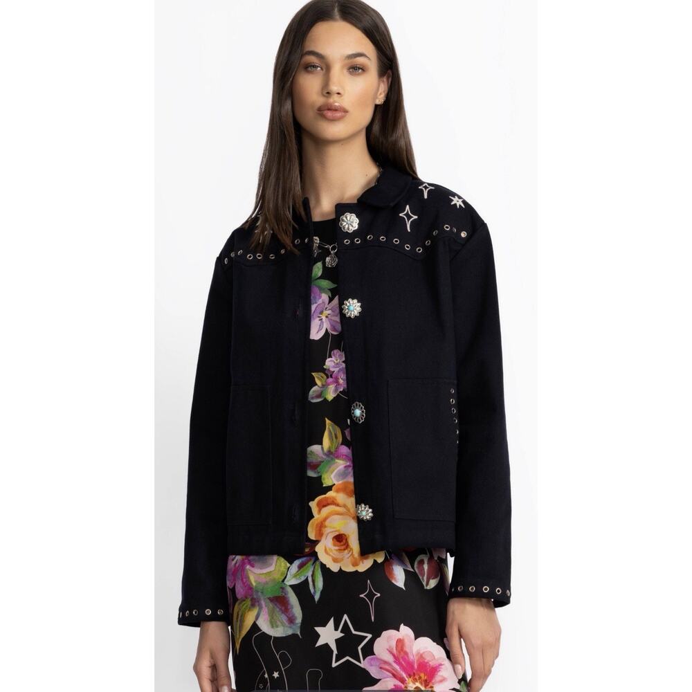 Johnny Was Jade Western Embroidered Star Black Tory Denim Jacket Kasumi Size M